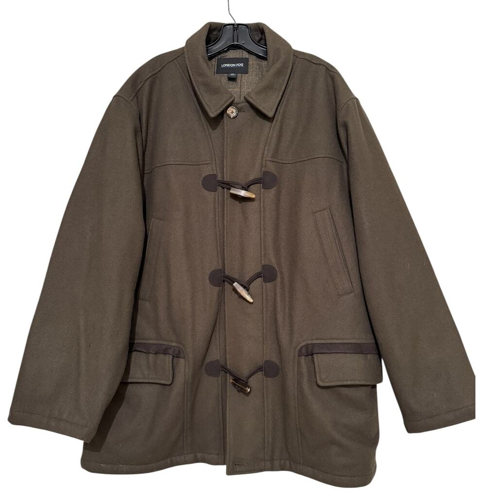 London Fog Mens Wool Blend Toggle Coat XXL Olive Green Duffle Classic Chore
